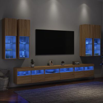 vidaXL Комплект ТВ стенни шкафове, 7 части, с LED светлини, сонома дъб