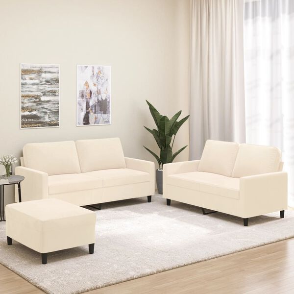 vidaXL Комплект дивани от 3 части с възглавници, кремав, кадифе