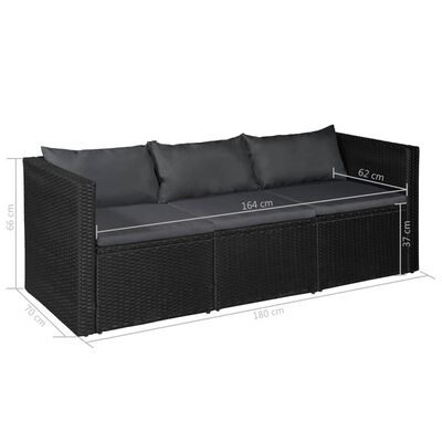 vidaXL 3-местен градински диван, черен, полиратан, сиви възглавници