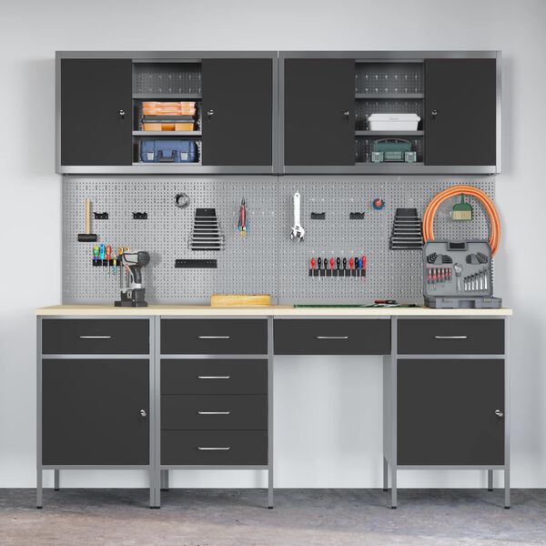 vidaXL Работен кабинет 10 pcs Черно Инженерна дървесина и стомана