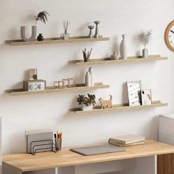 vidaXL Стенни рафтове, 4 бр, бяло и сонома дъб, 80x9x3 см
