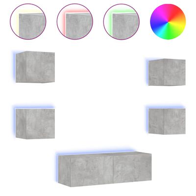 vidaXL ТВ стенни шкафове, 5 части, с LED светлини, бетонно сиви