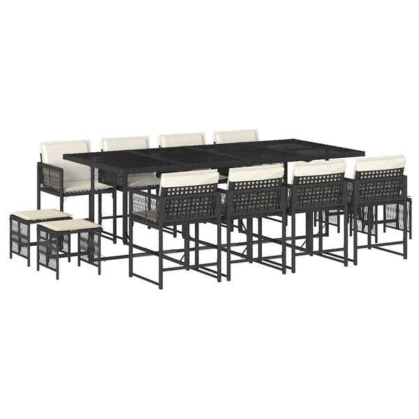 vidaXL Външен трапезен комплект 13 части с възглавници черен полиратан