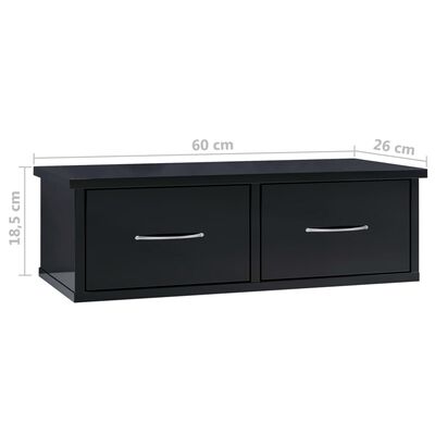 vidaXL Стенен рафт с чекмеджета, черен гланц, 60x26x18,5 см, ПДЧ