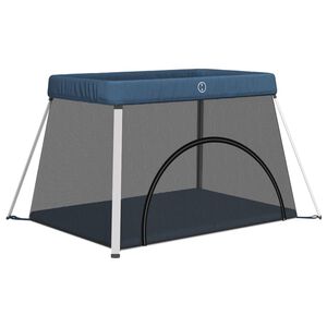 vidaXL Бебешка кошара с матрак, нейви, ленен плат