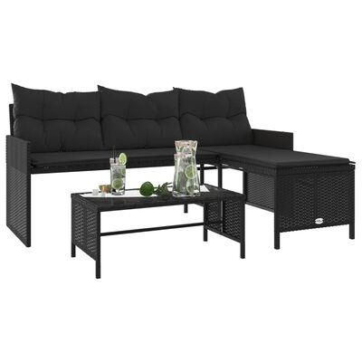 vidaXL Градински диван с маса и възглавници, ъглов, черен полиратан