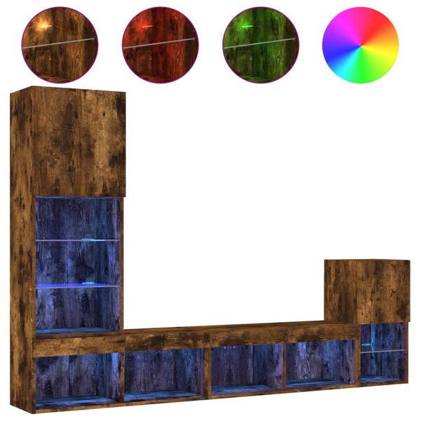 vidaXL ТВ стенни модули с LED, 4 части, опушен дъб, инженерно дърво