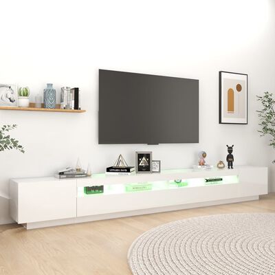 vidaXL ТВ шкаф с LED осветление, бял гланц, 300x35x40 см
