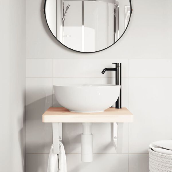 vidaXL Стенен рафт за мивка, стомана и масивно дърво бук