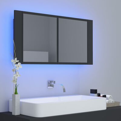 vidaXL Шкаф с LED огледало за баня, сиво, 90x12x45 см, акрил