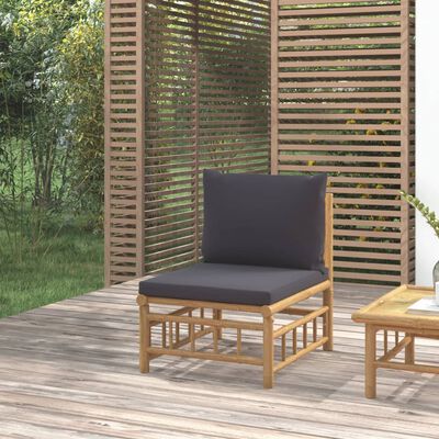vidaXL Градински среден диван с тъмносиви възглавници бамбук