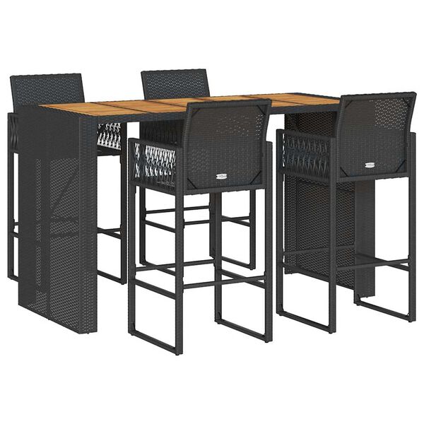 vidaXL Градински бар комплект без възглавници 5 части черен полиратан