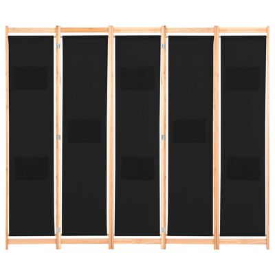 vidaXL Параван за стая, 5 панела, черен, 200x170x4 cм, текстил
