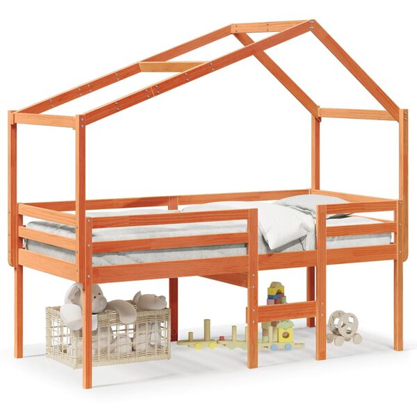 vidaXL Високо легло с покрив восъчнокафяв 90x190 см борово дърво масив