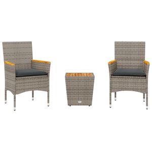 vidaXL Бистро комплект с възглавници 3 части сив полиратан и стъкло