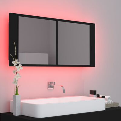 vidaXL Шкаф с LED огледало за баня, черно, 100x12x45 см, акрил