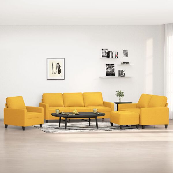 vidaXL Комплект дивани от 4 части с възглавници, светложълт, плат