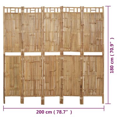 vidaXL Параван за стая, 5 панела, бамбук, 200x180 см