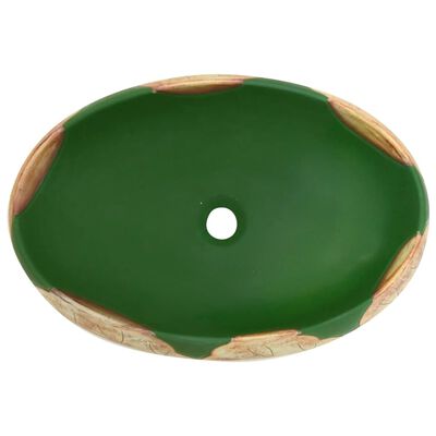 vidaXL Мивка за плот, зелено и кафяво, овална, 59x40x15 см, керамика