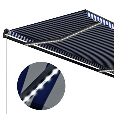vidaXL Ръчно прибиращ се сенник с LED, 400x300 см, синьо и бяло