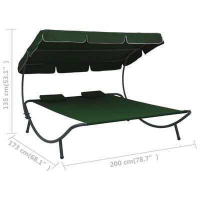 vidaXL Лаундж легло за открито с навес и възглавници, зелено
