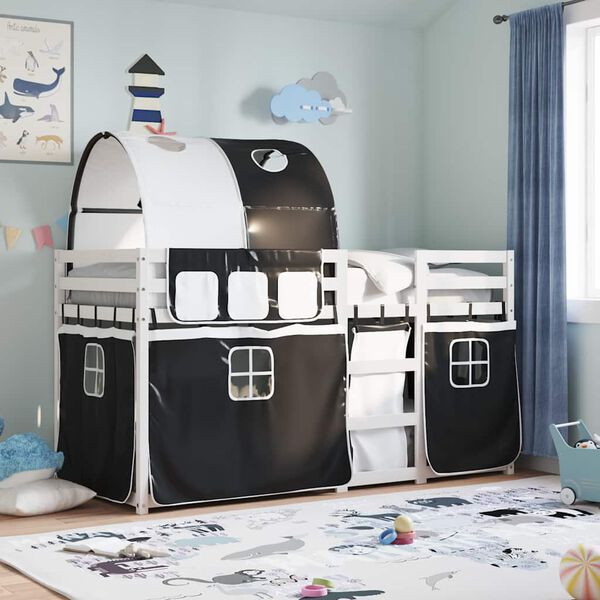 vidaXL Двуетажно легло със завеси, бяло и черно, 90x190 см, бор масив