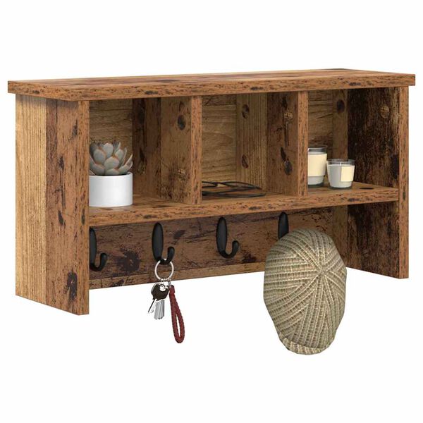 vidaXL Стенен закачалка за палта с рафт Старо дърво 50 x 16 x 26 см