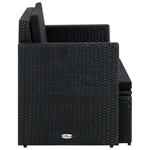 vidaXL 2-местен градински диван с възглавници, черен, полиратан