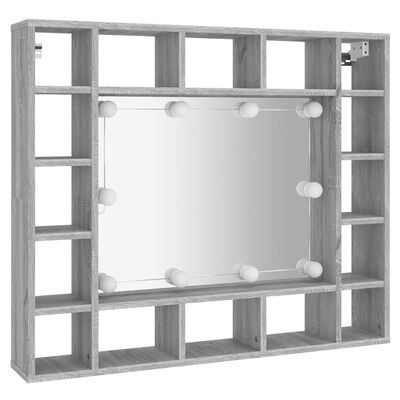 vidaXL Огледален шкаф с LED, Сив сонома, 91x15x76,5 см