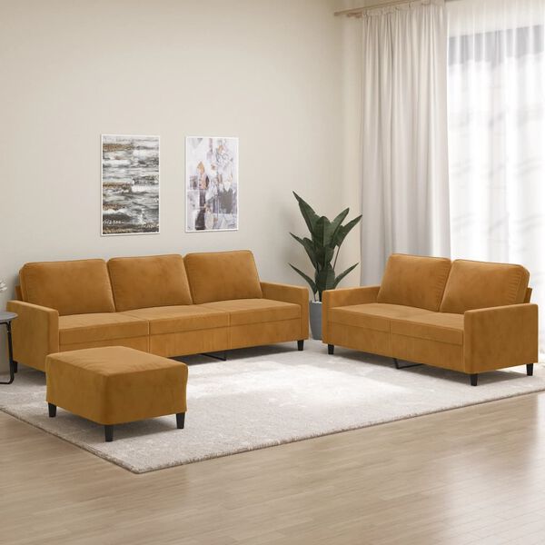 vidaXL Комплект дивани от 3 части с възглавници, кафяв, кадифе