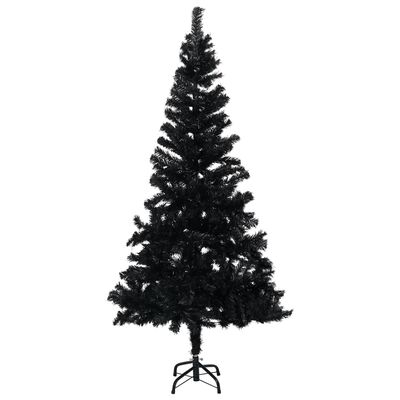 vidaXL Изкуствена осветена коледна елха с топки черна 210 см PVC