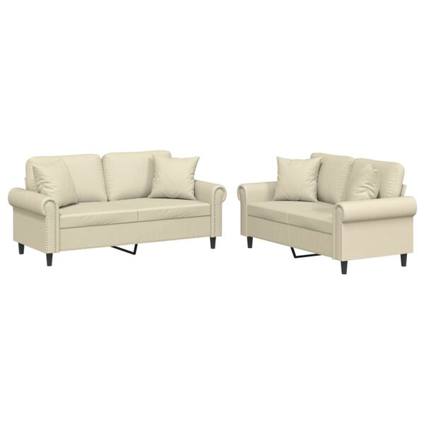 vidaXL Комплект дивани от 2 части с възглавници кремав изкуствена кожа