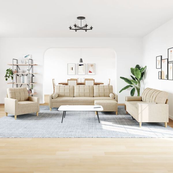 vidaXL Дивани от 4 части с табуретка и възглавници кремав плат