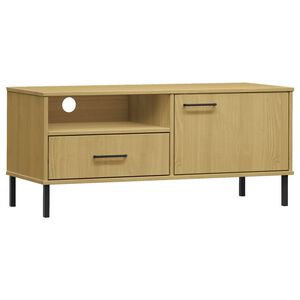 vidaXL ТВ шкаф с метални крака, кафяв, бор масив, OSLO