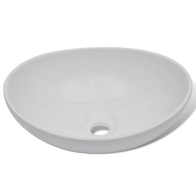 vidaXL Мивка за баня със смесител, керамична, овална, бяла