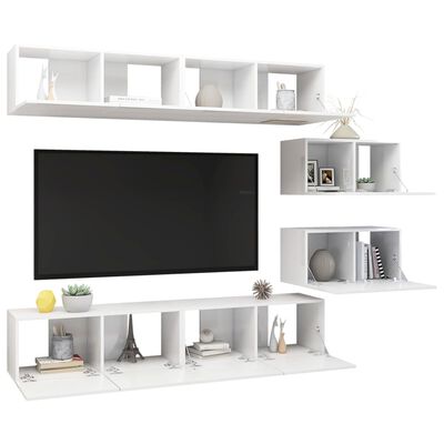 vidaXL Комплект ТВ шкафове от 6 части, бял гланц, ПДЧ