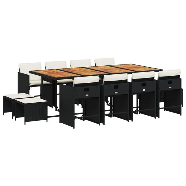 vidaXL Външен трапезен комплект 13 части с възглавници черен полиратан