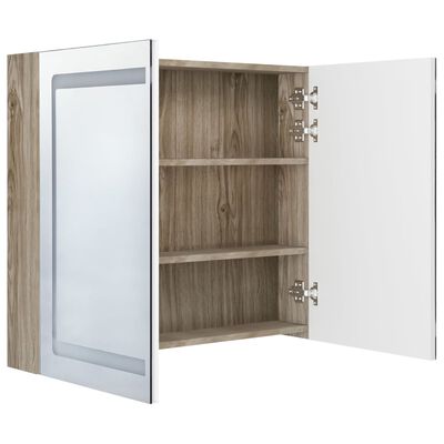 vidaXL LED шкаф с огледало за баня, бяло и дъб, 80x12x68 см