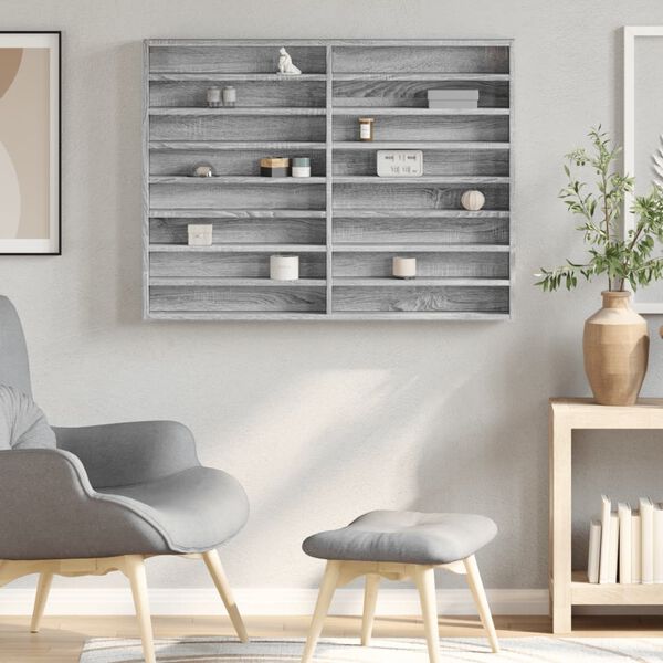 vidaXL Шкаф витрина, сив сонома, 100x8,5x75 см, инженерно дърво