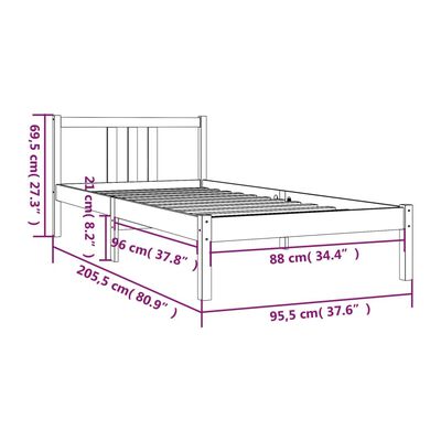 vidaXL Рамка за легло, бяла, масивно дърво, 90х200 см