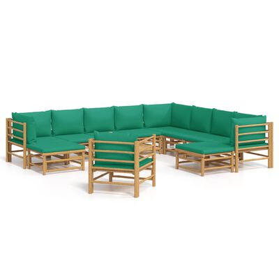 vidaXL Градински лаундж комплект, 12 части, зелени възглавници, бамбук