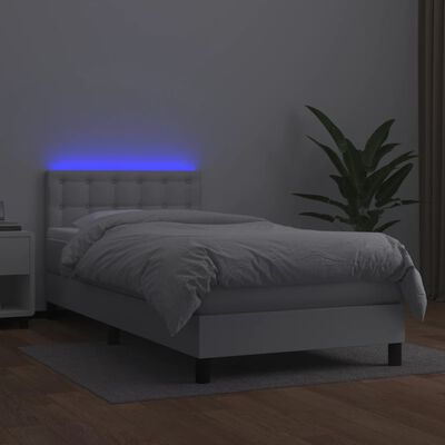 vidaXL Боксспринг легло с матрак и LED бяло 90x200 см изкуствена кожа