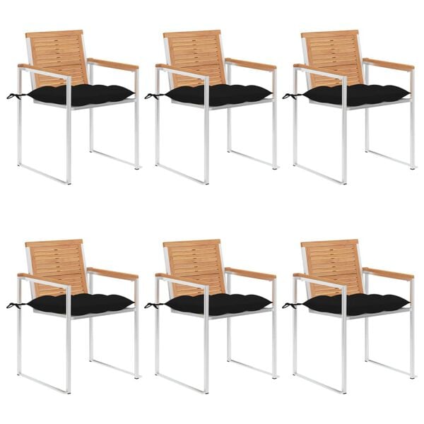 vidaXL Градински столове, 6 бр, с възглавници, тиково дърво масив