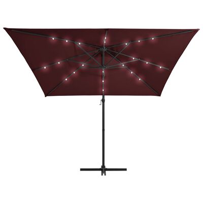 vidaXL Градински чадър с LED осветление, бордо червено, 250x250 см