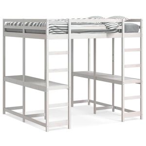 vidaXL Таванско легло с бюро и стълба бяло 140x200 см бор масив