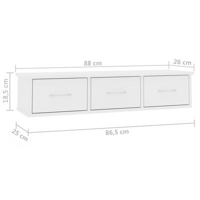 vidaXL Стенен рафт с чекмеджета, бял, 88x26x18,5 см, ПДЧ
