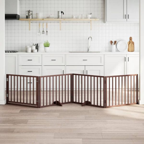 vidaXL Кучешка порта с врата, сгъваема, 4 панела, кафява, 320 см, тополово дърво