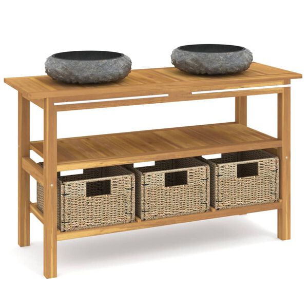 vidaXL Шкаф за баня с черни мраморни мивки, тиково дърво масив