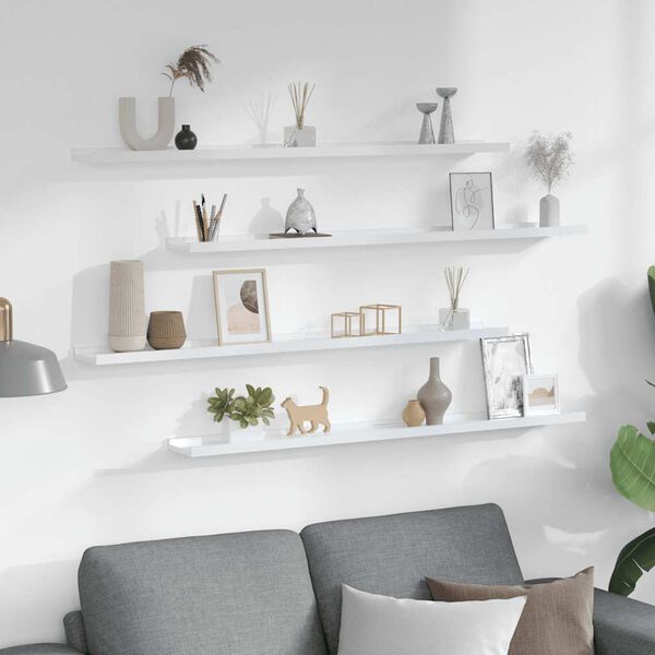 vidaXL Стенни рафтове, 4 бр, бял гланц, 100x9x3 см