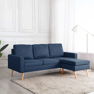 vidaXL 3-местен диван с поставка за крака, син, текстил